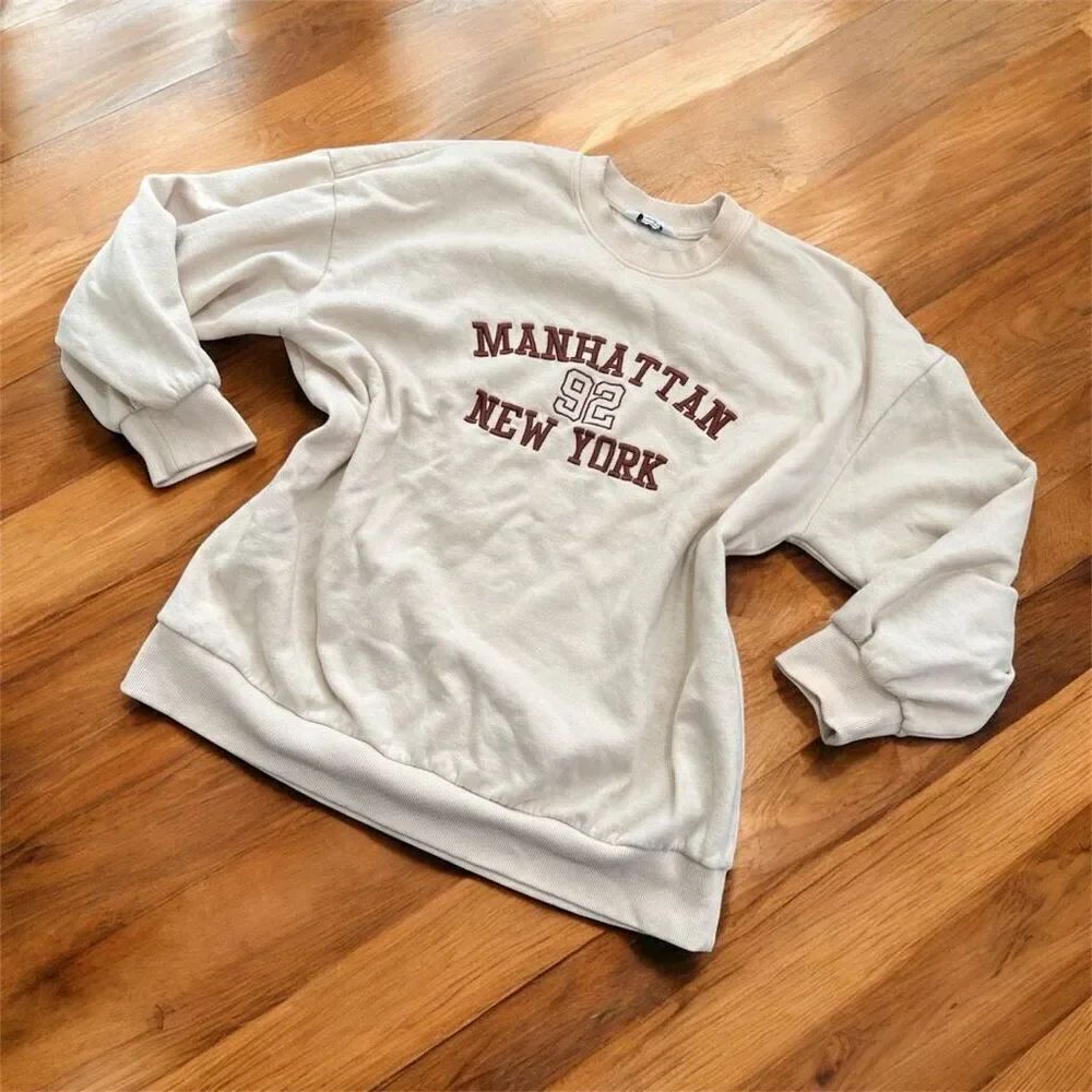 Miss Selfridge New York Mock Neck Sweatshirt Graphic Print Small Tan College